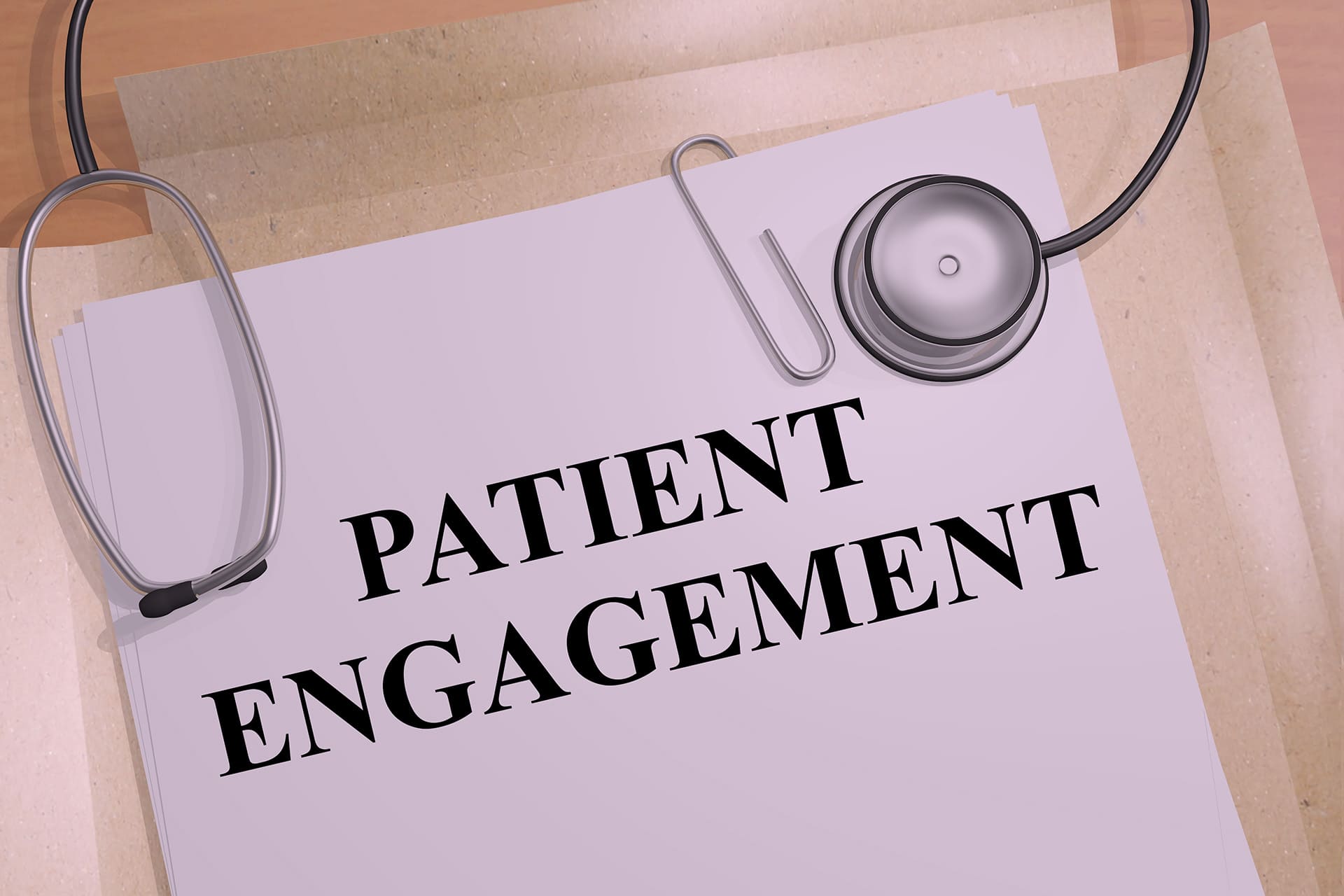 3D illustration of "PATIENT ENGAGEMENT" title on a medical document